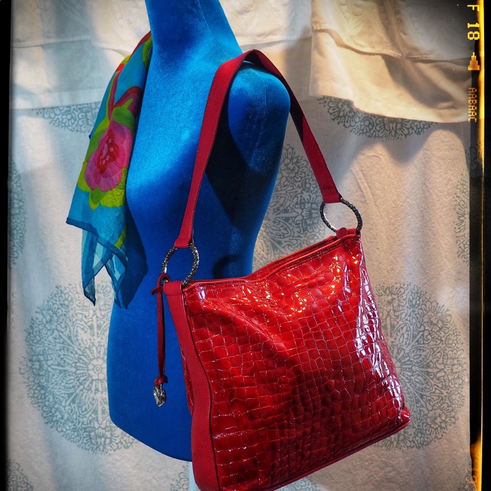 Brighton Red Croc-Embossed Shoulder Bag